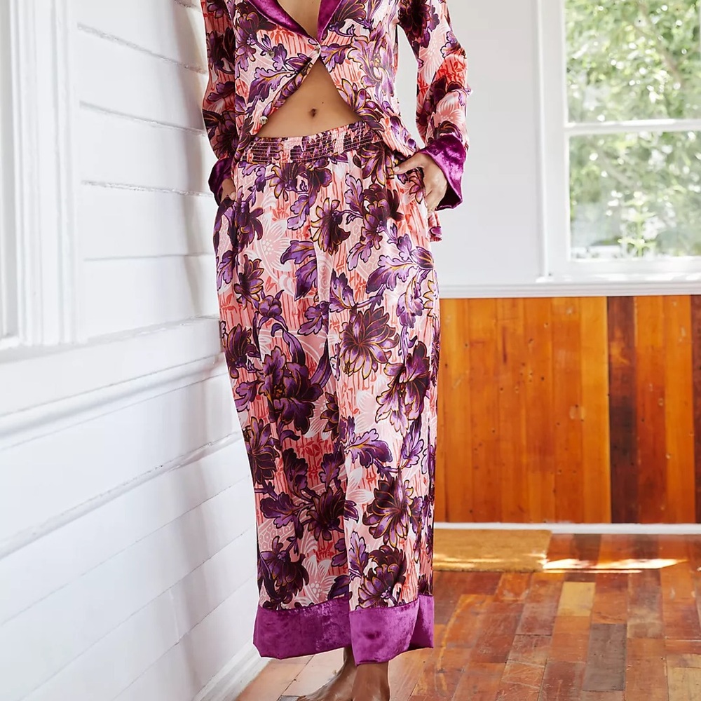 Anthropologie Pink and Purple Floral Satin Pajama Set